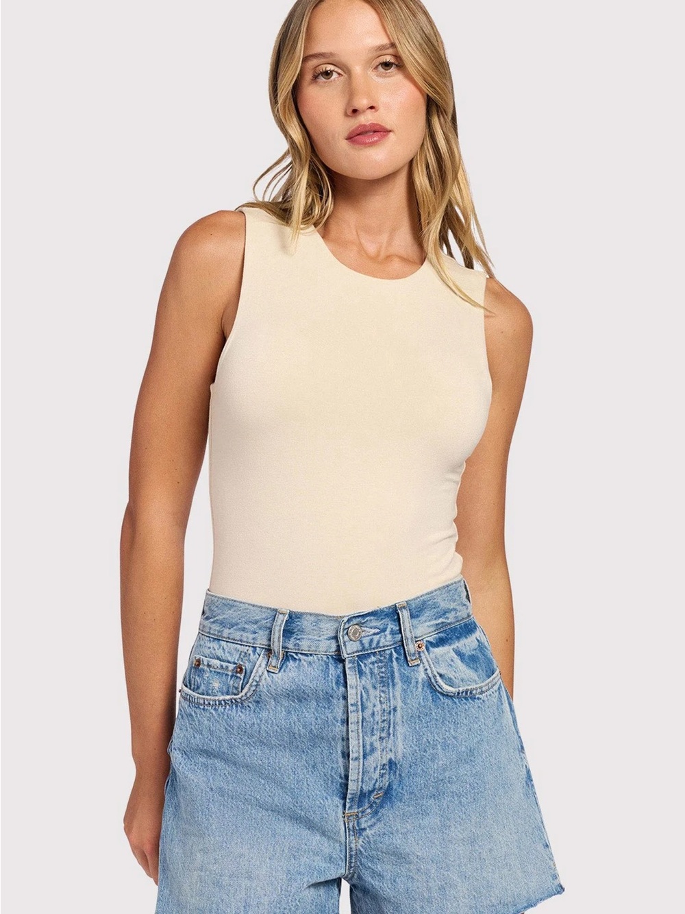 nuuds Crewneck Tank Bodysuit in Soft Beige